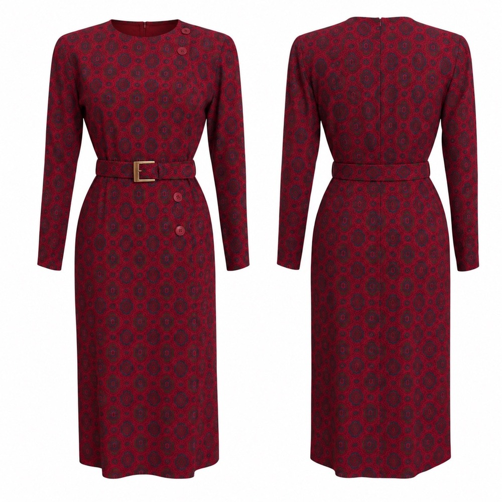 VTG Liz Claiborne Silk Midi Dress Womens Size 8P Red Paisley Belted Office Chic